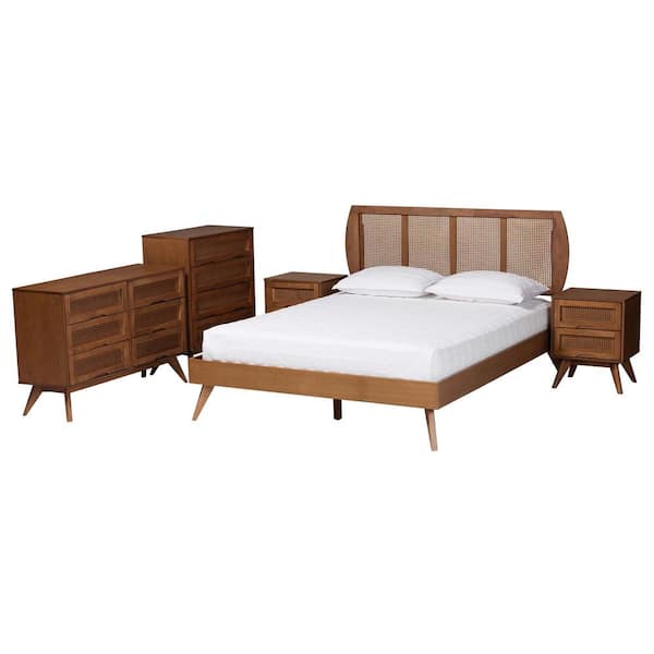 Baxton Studio Asami 5-Piece Walnut Brown Wood Queen Bedroom Set
