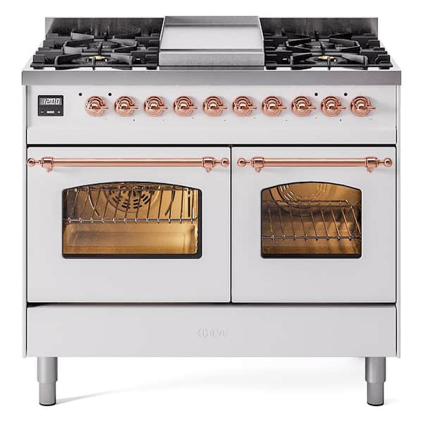 Nostalgie II 40 in. Dual Fuel Liquid Propane Range with 6-Burnerss, Griddle, Copper Trim in White