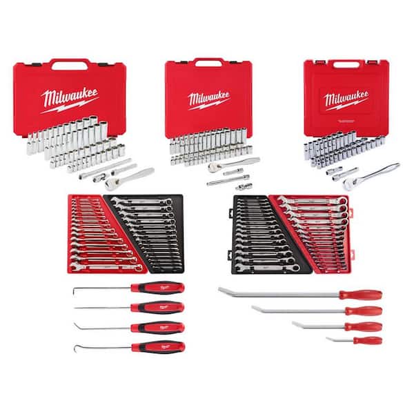 Milwaukee 1/4 in., 3/8 in., and 1/2 in. Drive SAE/Metric Ratchet and Socket  Set w/Combination Wrench and Pry Bar Set (221-Piece)  48-22-9004-48-22-9008-48-22-9515-48-22-9 - The Home Depot