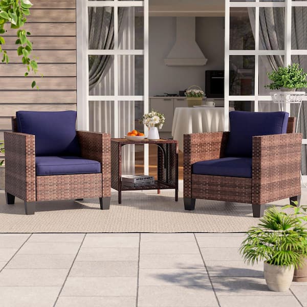 3-Piece Brown Wicker Patio Outdoor Single Sofa Set Set with Side Table Navy Blue Cushion