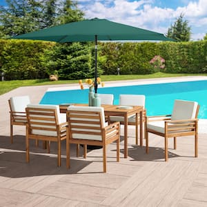 8-Piece Set, Okemo Wood Outdoor Dining Table Set with 6 Chairs w/White Cushions, 10ft Rectangular Umbrella Hunter Green