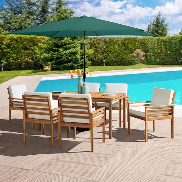Alaterre Furniture 8-Piece Set, Okemo Wood Outdoor Dining Table Set with 6 Chairs w/White Cushions, 10ft Rectangular Umbrella Hunter Green
