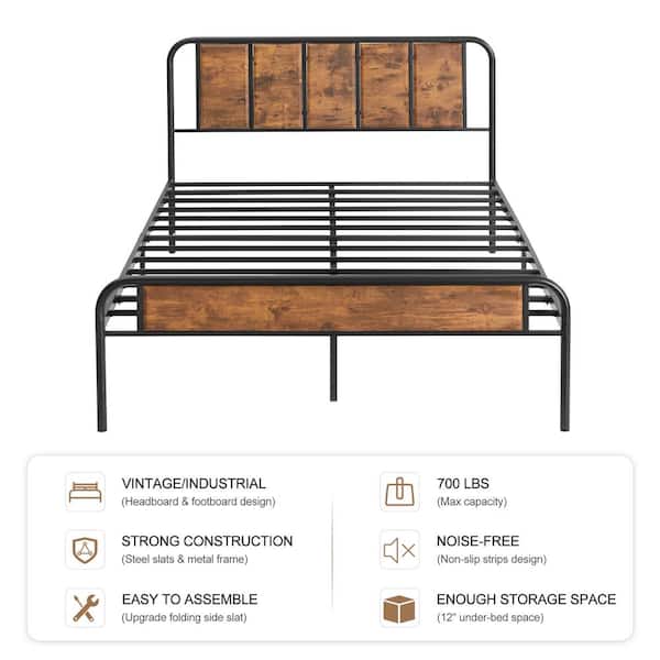 VECELO Queen size Bed Frame with Industrial Wooden Headboard