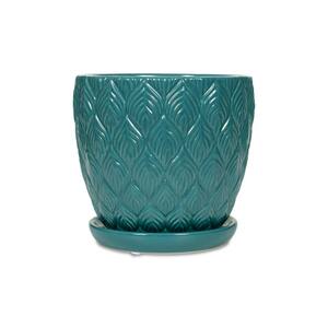 6 in. Colusa Small  Teal Leaf Textured Ceramic Planter (6 in. D x 6 in. H) with Drainage Hole and Attached Saucer