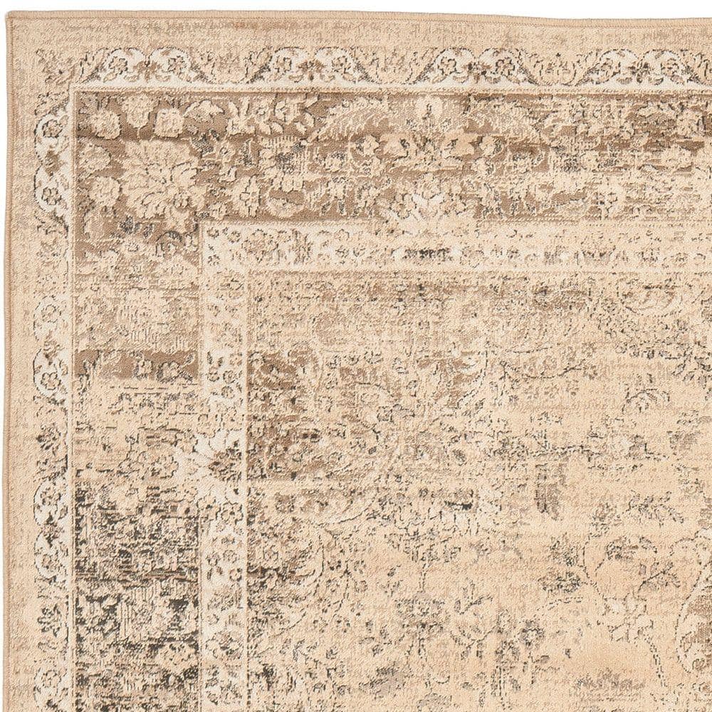 Vintage Warm Beige Floral Rectangular Viscose Area Rug, 9' x 12'
