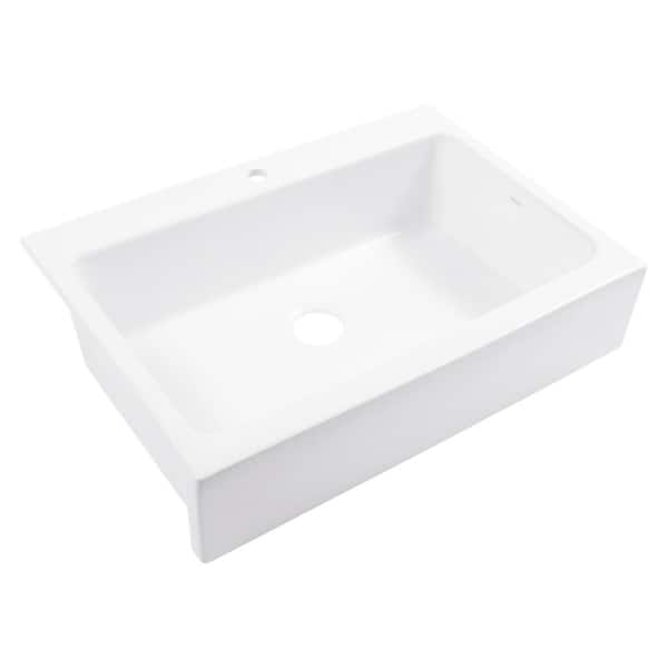Parker 34 in. 1-Hole Quick-Fit Farmhouse/Apron-Front Drop-In Single Bowl Crisp White Fireclay Kitchen Sink