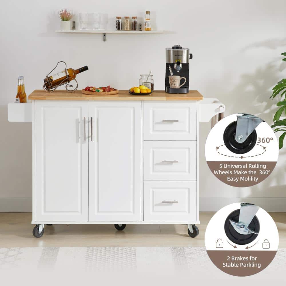 White kitchen island table with wood top and black caster wheels.