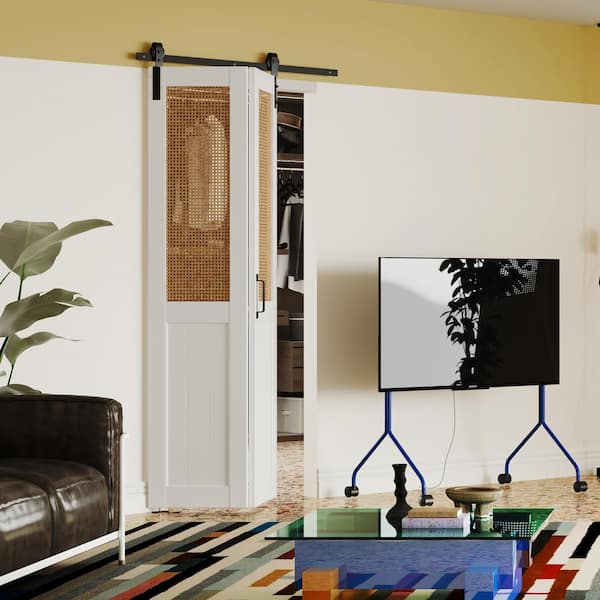 72 in. x 84 in. (36 in. W Doors x 2) White, Webbing & Wood, MDF, Bi-Fold Style Sliding Barn Door with Hardware Kit