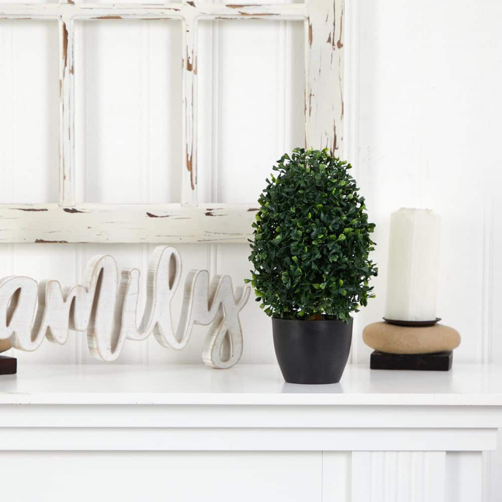 13-Inch Green Plastic Boxwood Topiary in Black Pot