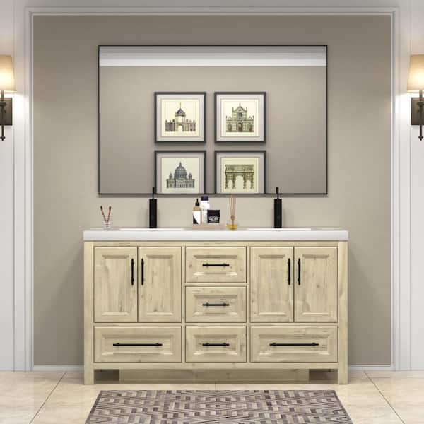 VIV 59 in. W x 20 in. D x 35 in. H Double Sink Freestanding Bath Vanity in Pale French Oak with White Acrylic Top