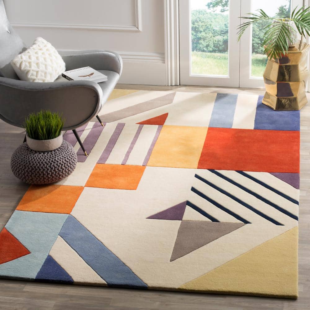 Ivory and Multicolor Geometric Wool Area Rug, 3' x 5'