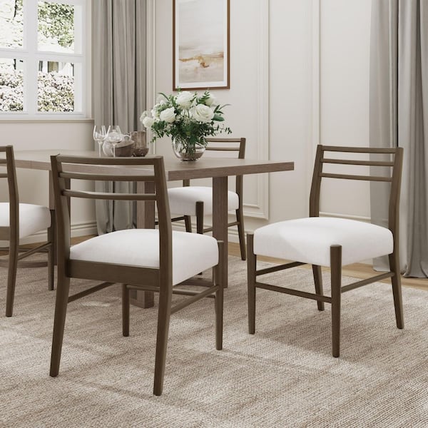 Zoe Beige Plus Walnut Farmhouse Upholstered Polyester Dining Chairs with Ladder Back, Solid Wood (Set of 2)