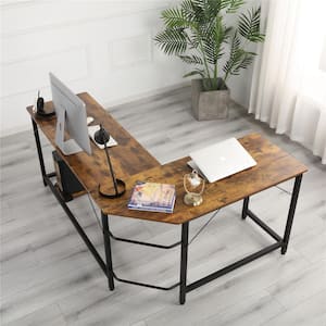 55.12 in. W Industrial Brown L-Shaped Computer Home Office Writing Corner Desk with Metal Frame