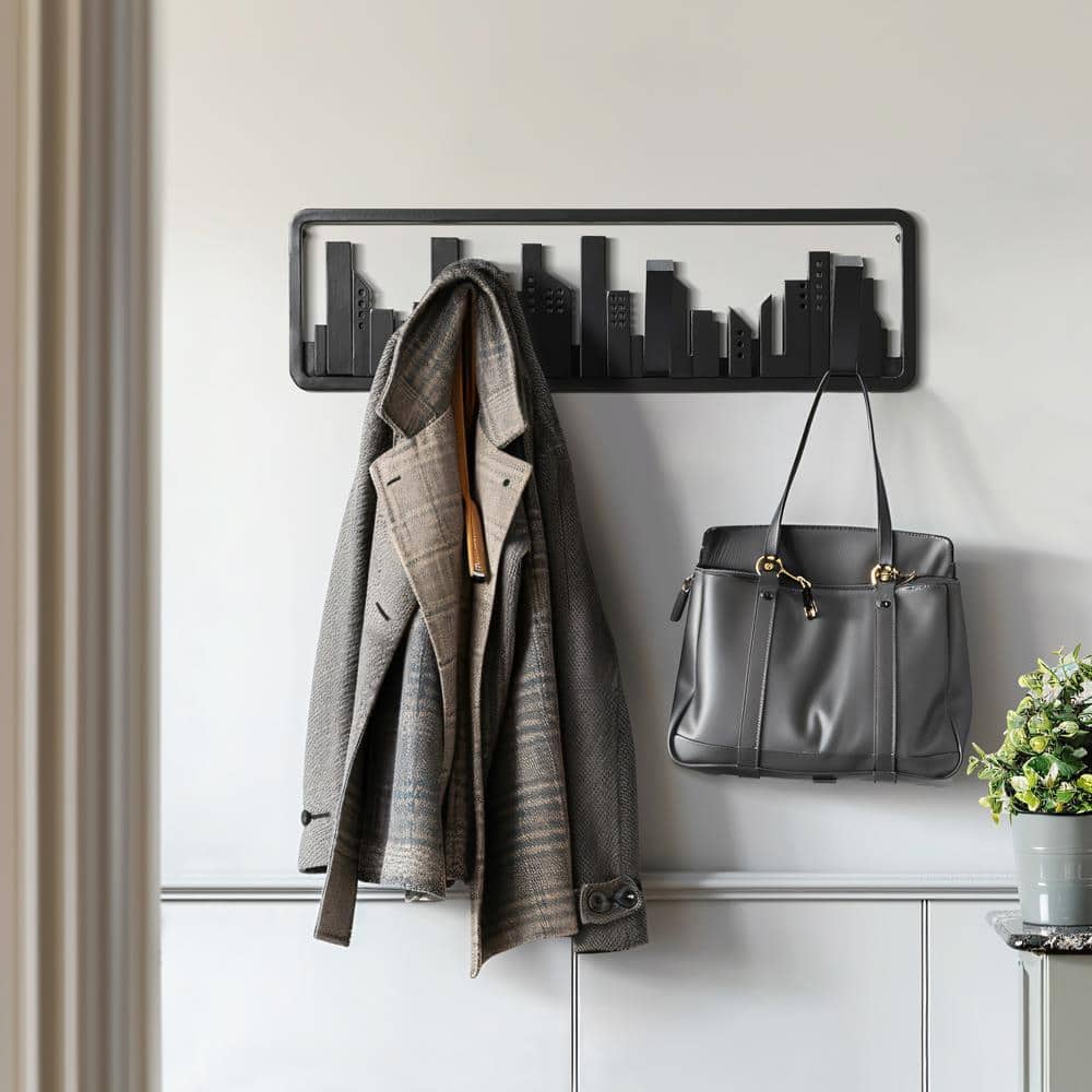 Black Fir Wood Urban Wall-Mounted Coat Rack with 4 Hooks