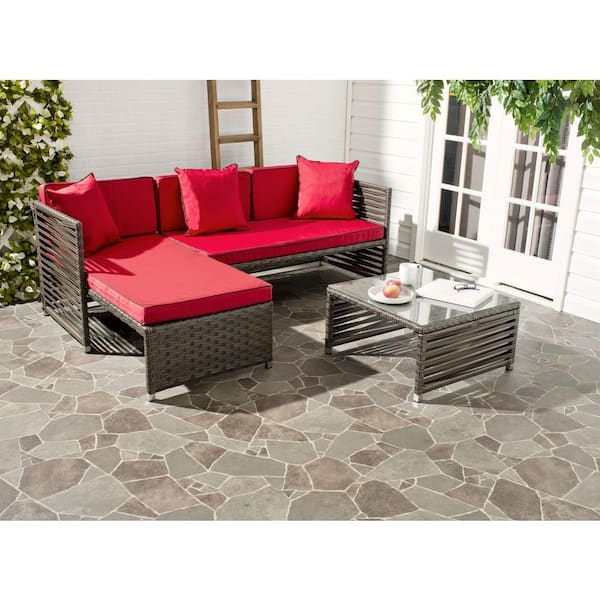 Safavieh Likoma Brown 3-Piece Wicker Patio Sectional Seating Set with Red Cushion