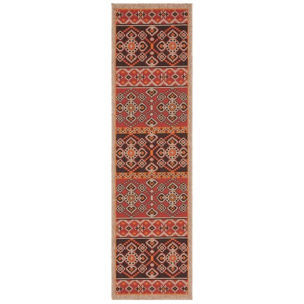 Veranda Red/Chocolate 2 ft. x 8 ft. Border Tribal Indoor/Outdoor Runner Rug