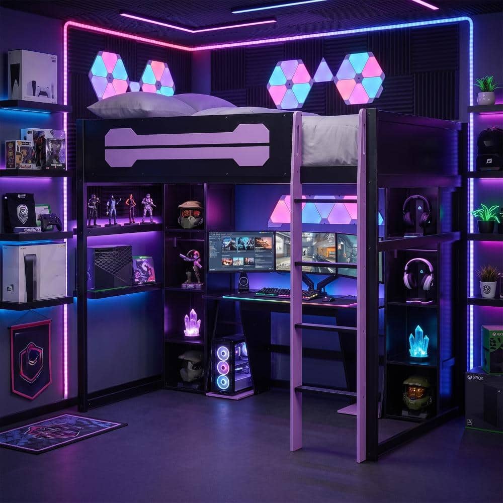Black and Purple Full Wood Gaming Loft Bed with Desk, Built-in Wardrobe and LED Light