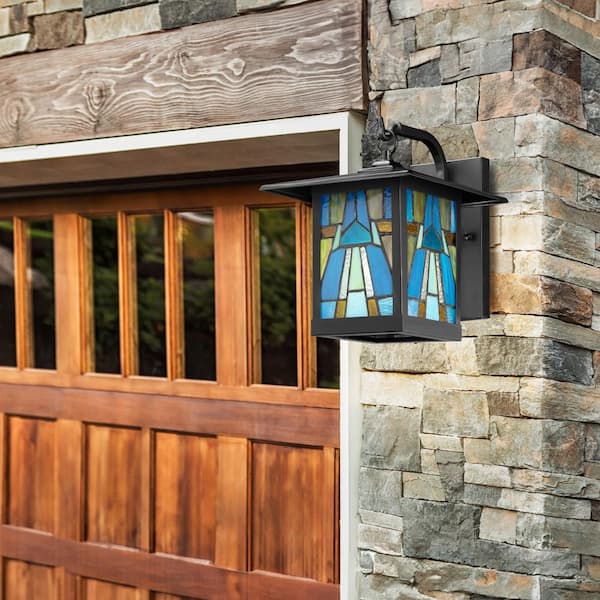 Mission 1-Light Black Hardwired Outdoor Wall Lantern Sconce with Aqua Stained Glass