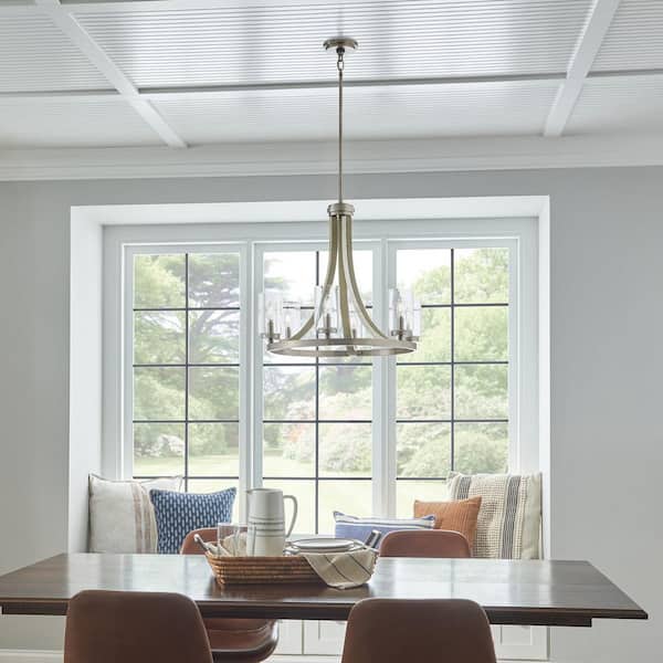 Grand Bank 25 in. 6-Light Distressed Antique Gray Wood and Pewter Farmhouse Shaded Round Chandelier for Dining Room