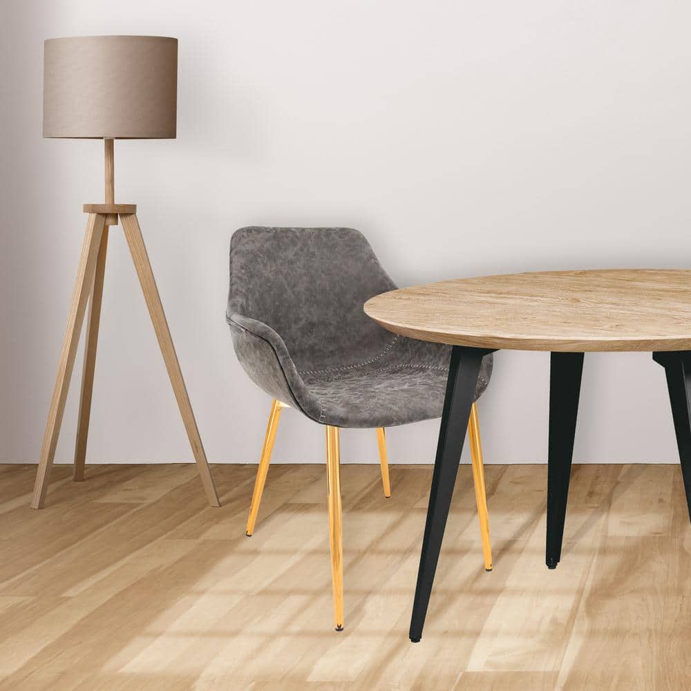 Mid Century Modern Gray Leather Armchair with Gold Metal Legs