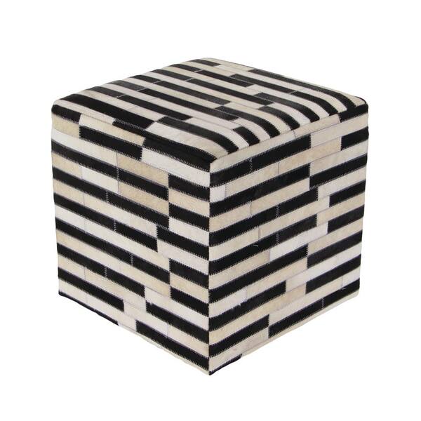 Litton Lane 16 in. x 16 in. Leather and Wood Square Stool with Black and White Rectangular Patterns