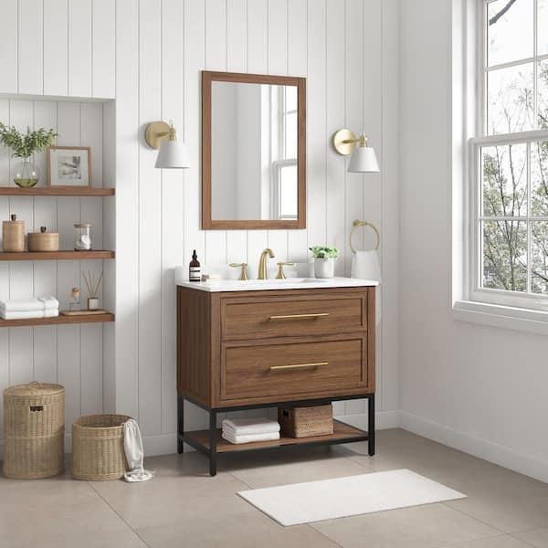 Home Decorators Collection Corley 42 in. W x 19 in. D x 34.50 in. H Bath Vanity in Weathered Tan with White Engineered Stone Top