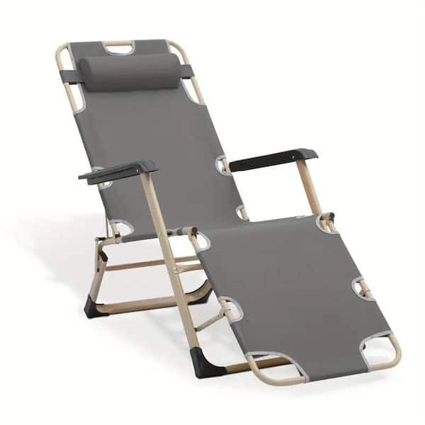 Lawn Pool Portable Outdoor Metal Folding Waterproof Lounger with Pillow, Gray