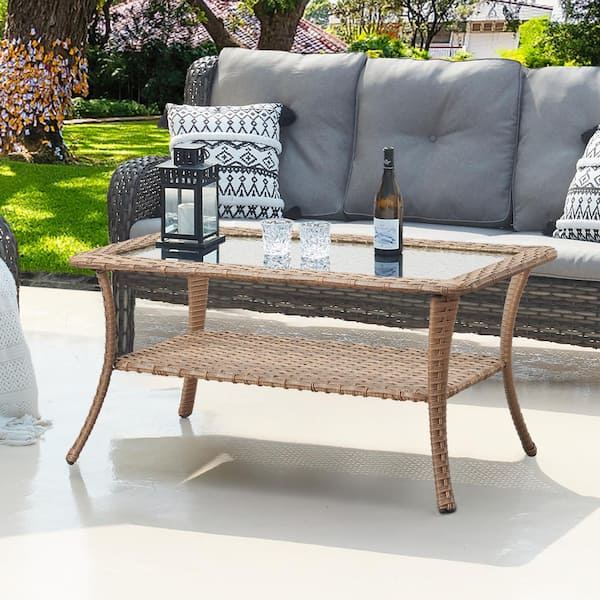 Opohoro ArcoBay Yellow Rectangular Wicker Outdoor Coffee Table with Tempered Glass Top and Lower Wicker Storage Shelf
