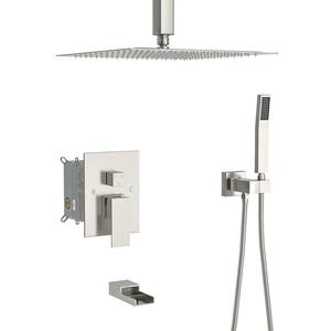 3-Spray 16 in. Square Shower System with Waterfall Tub Spout 1.8 GPM Ceiling Mount Shower Faucet in Brushed Nickel