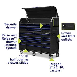 72 in. W x 24 in. D 26-Drawer Tool Chest and Cabinet Combo with Power and USB Outlets in Black and Blue