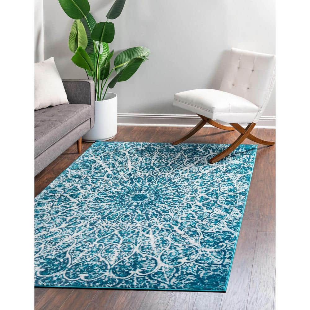 Reversible Easy-Care Turquoise Synthetic 6' x 9' Rectangular Rug