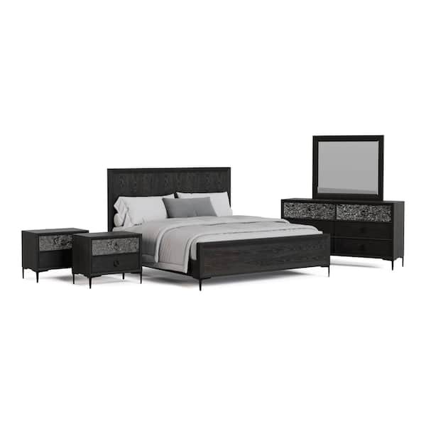 Jolt 5-Piece Espresso Wood King Bedroom Set with Dented Stainless Steel Accents
