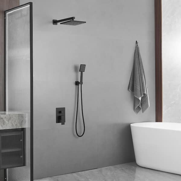 Rainfall 2-Handle 2-Spray 9 in. Square High Pressure Shower Faucet 2.5 GPM in Matte Black (Valve Included)