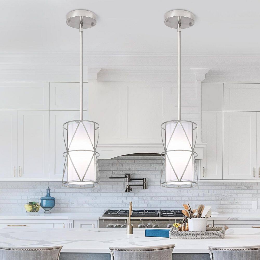 1-Light Nickel Modern Drum Pendant Light with White Fabric Shade (Set of 2) price history on PriceWatchPro