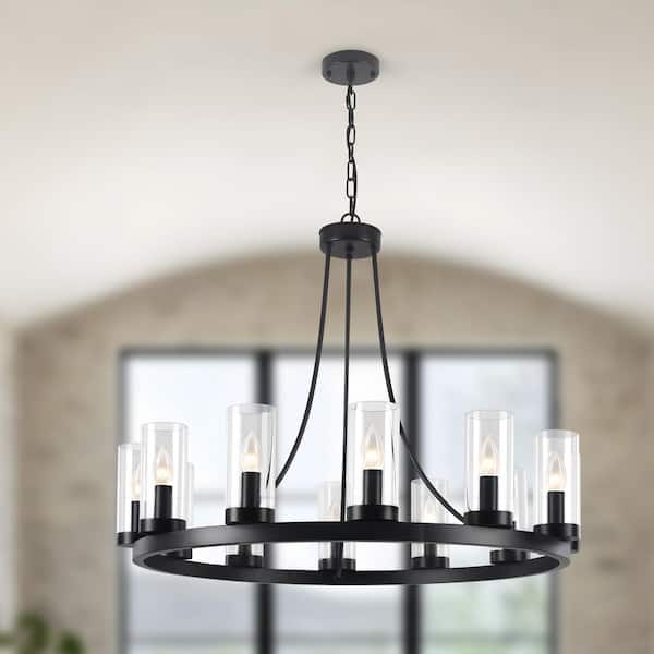 12-Light Modern Black Wagon Wheel Candle Chandelier with Clear Glass Shades for Dining Room Living Room Foyer Entryway
