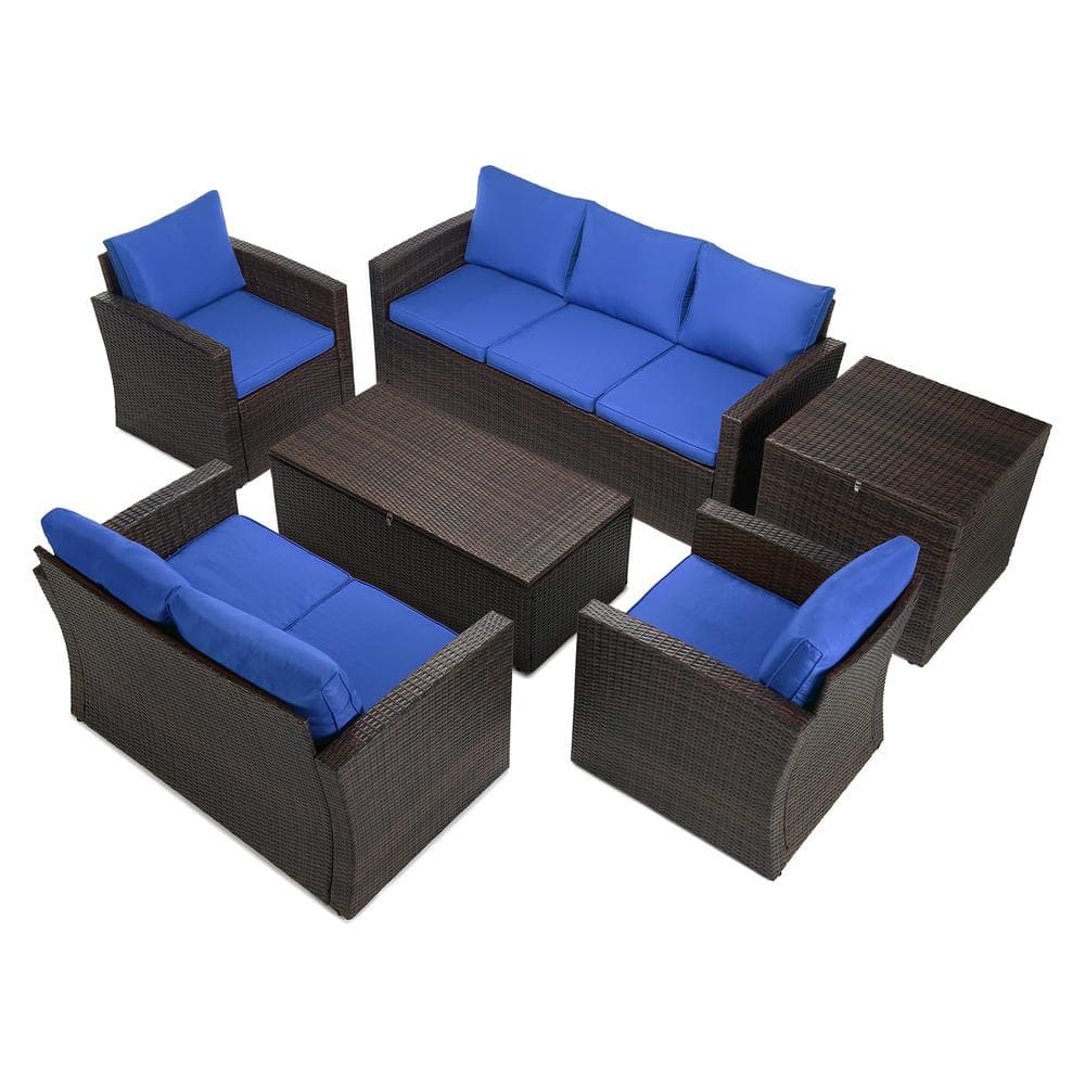 6-Piece Brown Wicker Outdoor Patio Conversation Furniture Set with Blue Cus