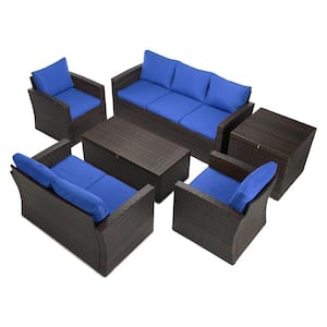 6-Piece Brown Wicker Outdoor Patio Conversation Furniture Set with Blue Cushions