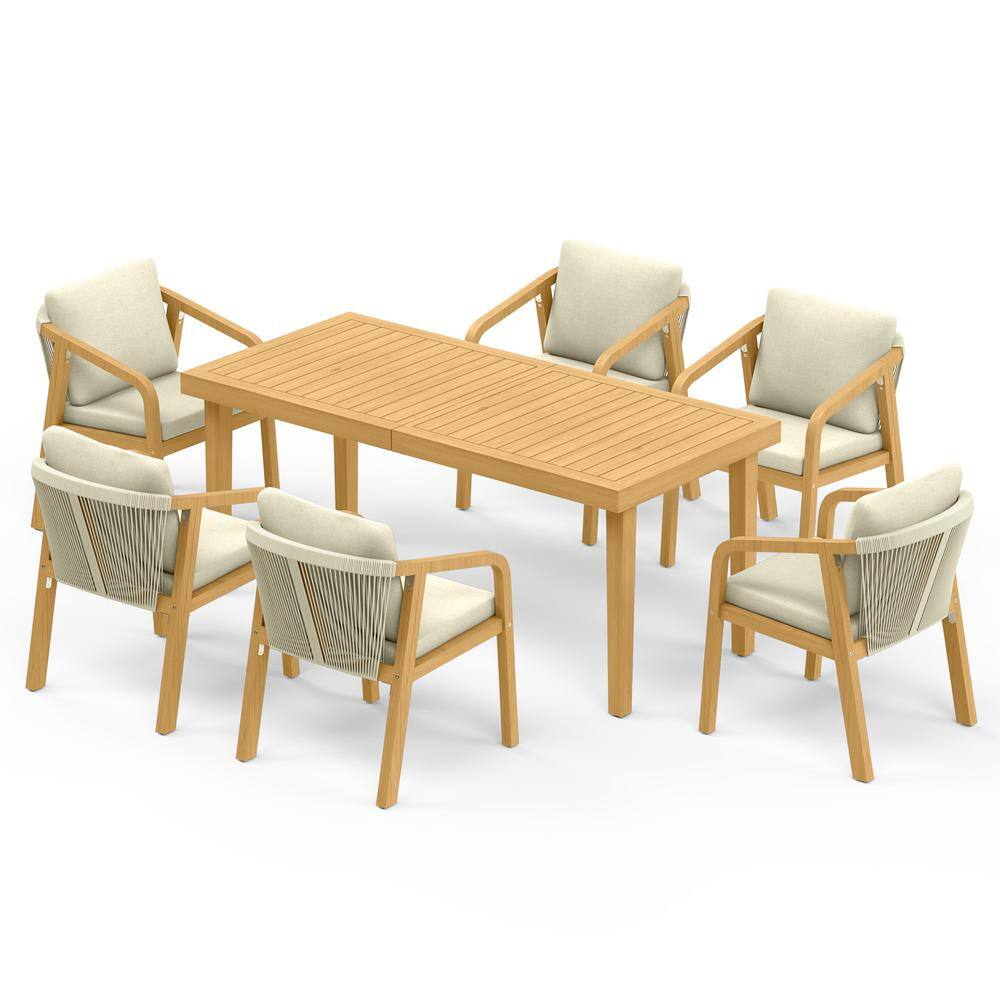 Outdoor dining set table and six chairs on white background.