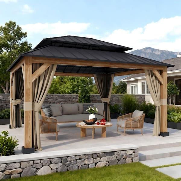 15 ft. x 13 ft. Wood Grain Aluminum Double Galvanized Steel Roof Gazebo with Ceiling Hook, Mosquito Netting and Curtains