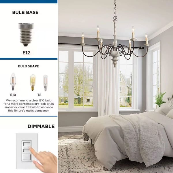 Estilo 6-Light Distressed White Farmhouse Chandelier 37 in. W Wood Candlestick Chandelier in French Country Flair style
