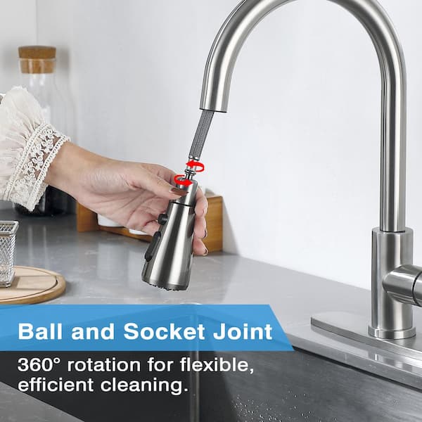 Stainless Steel 17 in. 3-Mode Single Handle Pull Down Sprayer Kitchen Faucet 360° Spout Swivel in Brushed Nickel