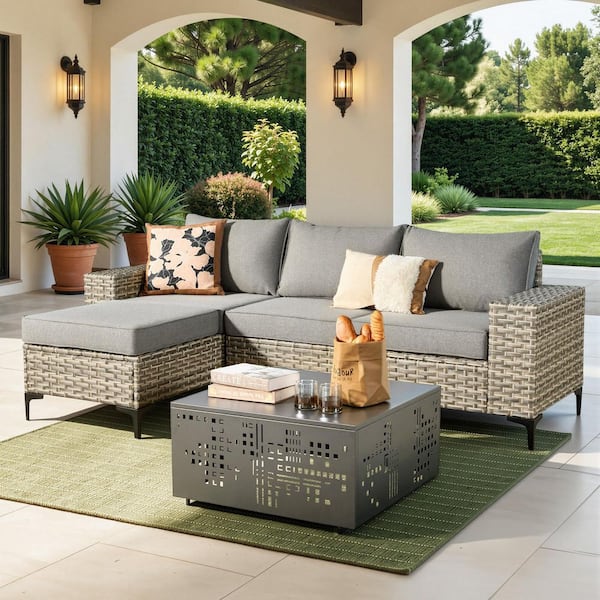 Sunny 5-Piece Wicker Outdoor Patio Conversation Sofa Set with a Solar-Lighted Coffee Table and Dark Gray Cushions