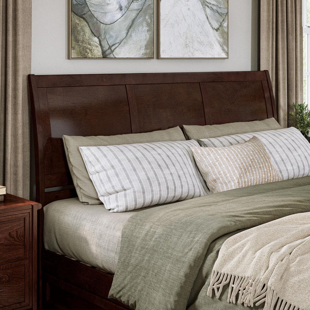 Walnut King Platform Bed with Storage Drawers and Wood Headboard