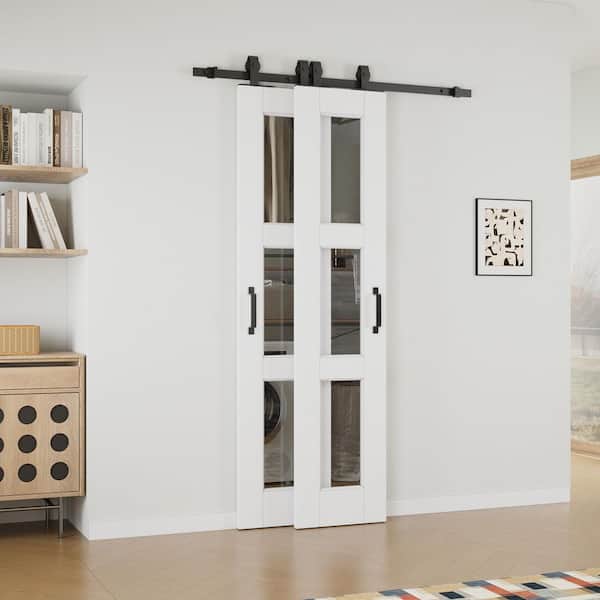 ARK DESIGN 28 in. x 80 in. (Double 18 in. ) 3 Lite Clear Glass White Primed MDF Sliding Barn Door with Hardware Kit Bypass
