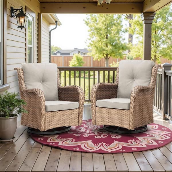 Opohoro ArcoBay Metal and Yellow Wicker Outdoor Rocking Chair Patio Swivel Chairs with Olefin Beige Cushions (2-Pack)