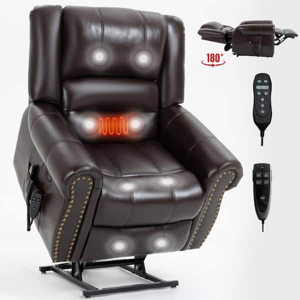 Z-joyee Brown Faux Leather Recliner Heat Massage Dual Motor Infinite Position Up Recliner with USB Port