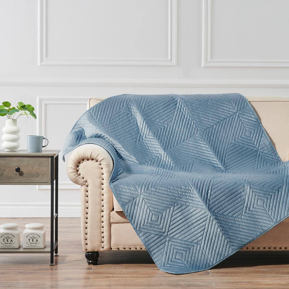 Spa Blue Velvet Quilted Reversible Throw Blanket