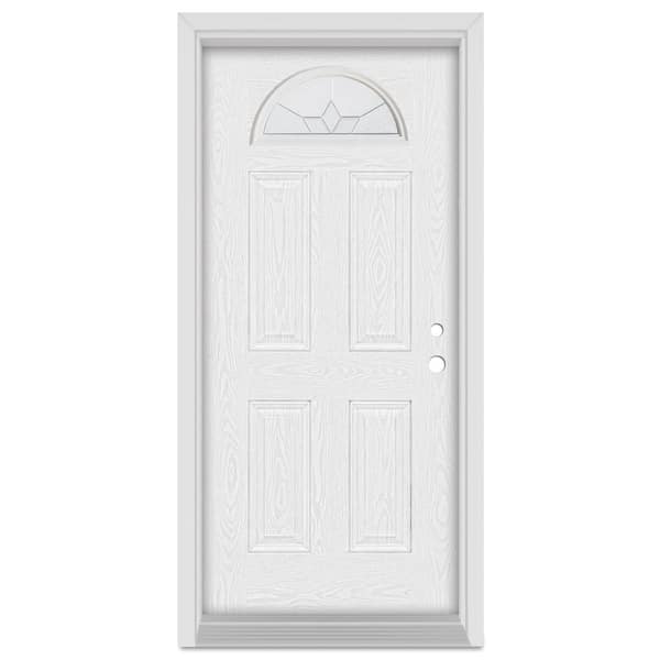 Stanley Doors 32 in. x 80 in. Geometric Left-Hand Half Moon Lite Zinc Finished Fiberglass Oak Woodgrain Prehung Front Door