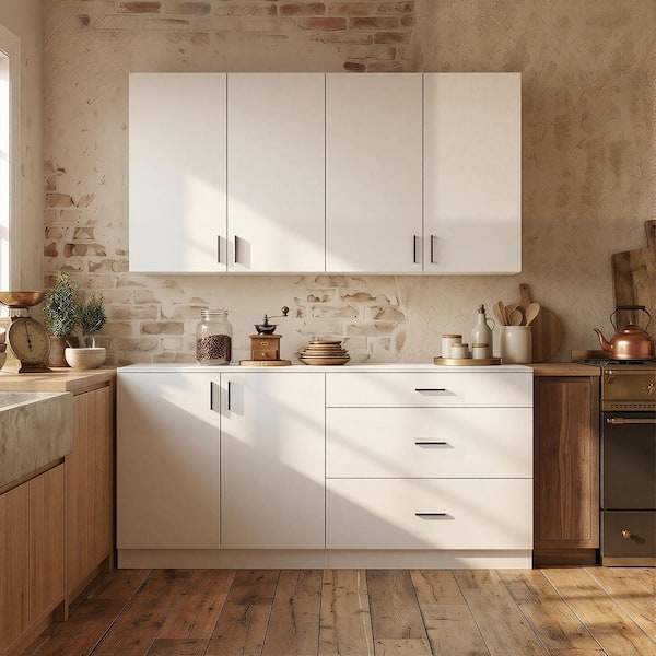 White Wood 63 in. x 31.5 in. Pantry Cabinet with Wall Cabinet, Base Cabinet, 3 Drawers, 4 Doors, 2 Shelves, For Kitchen