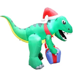 5 ft. Tall x 3 ft. W, Green, Red and Blue Plastic Christmas Dinosaur with Hat Inflatable